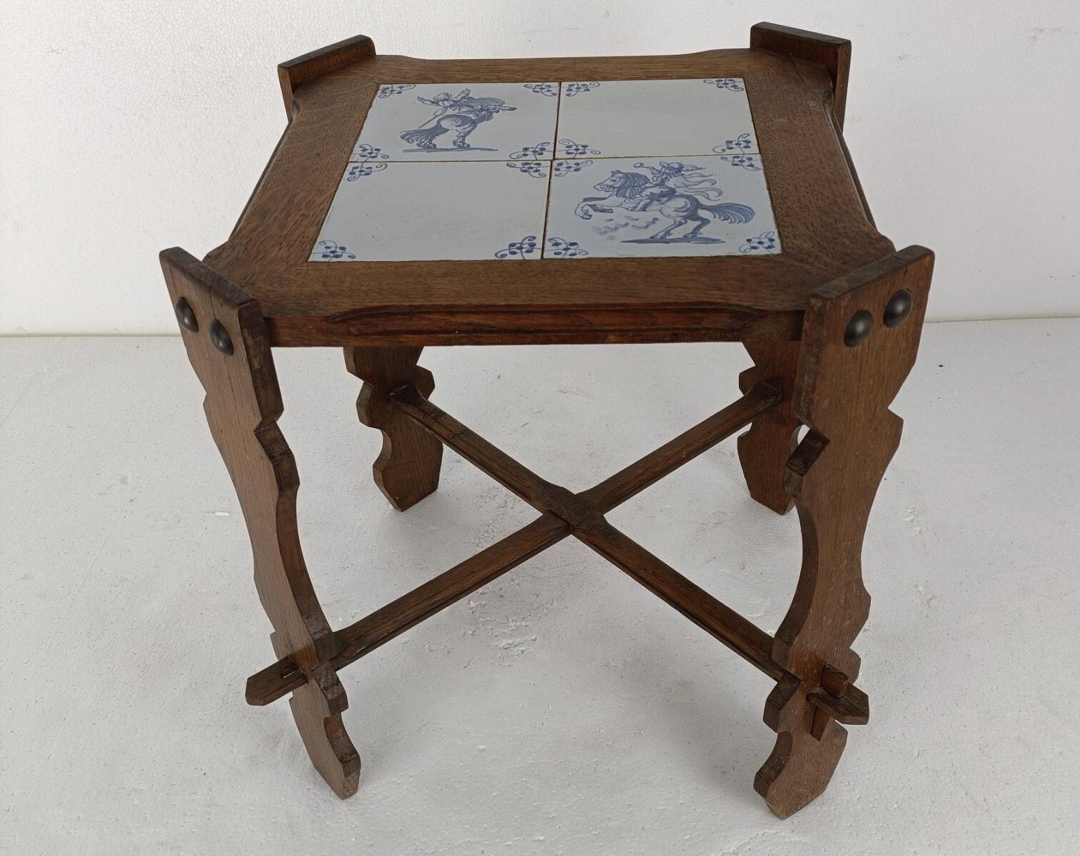 Side Occasional Wine Coffee Table Wood Ceramic Antique Delft Tiles Hunt Gorgous photo for sale