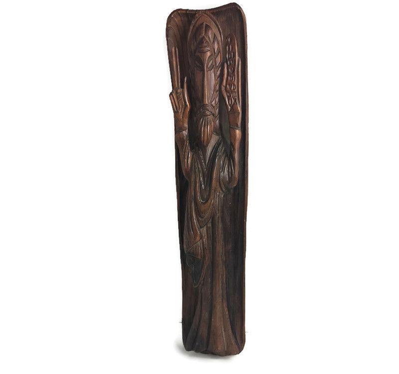 Vintage Hand Carved Wooden Wall Hanging Figurine Man Plaque Asian?
