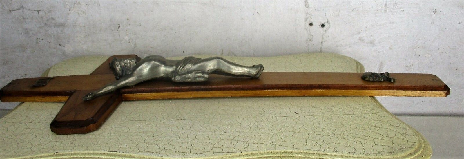 Large Hanging Crucifix Cross Jesus Christ Wood Spelter Vintage  Art Deco 29.52" photo 74.0