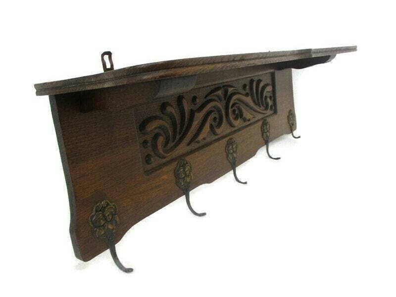 Ornate Hand Carved Wood French Oak Coat Hat Rack Mid Century Modern