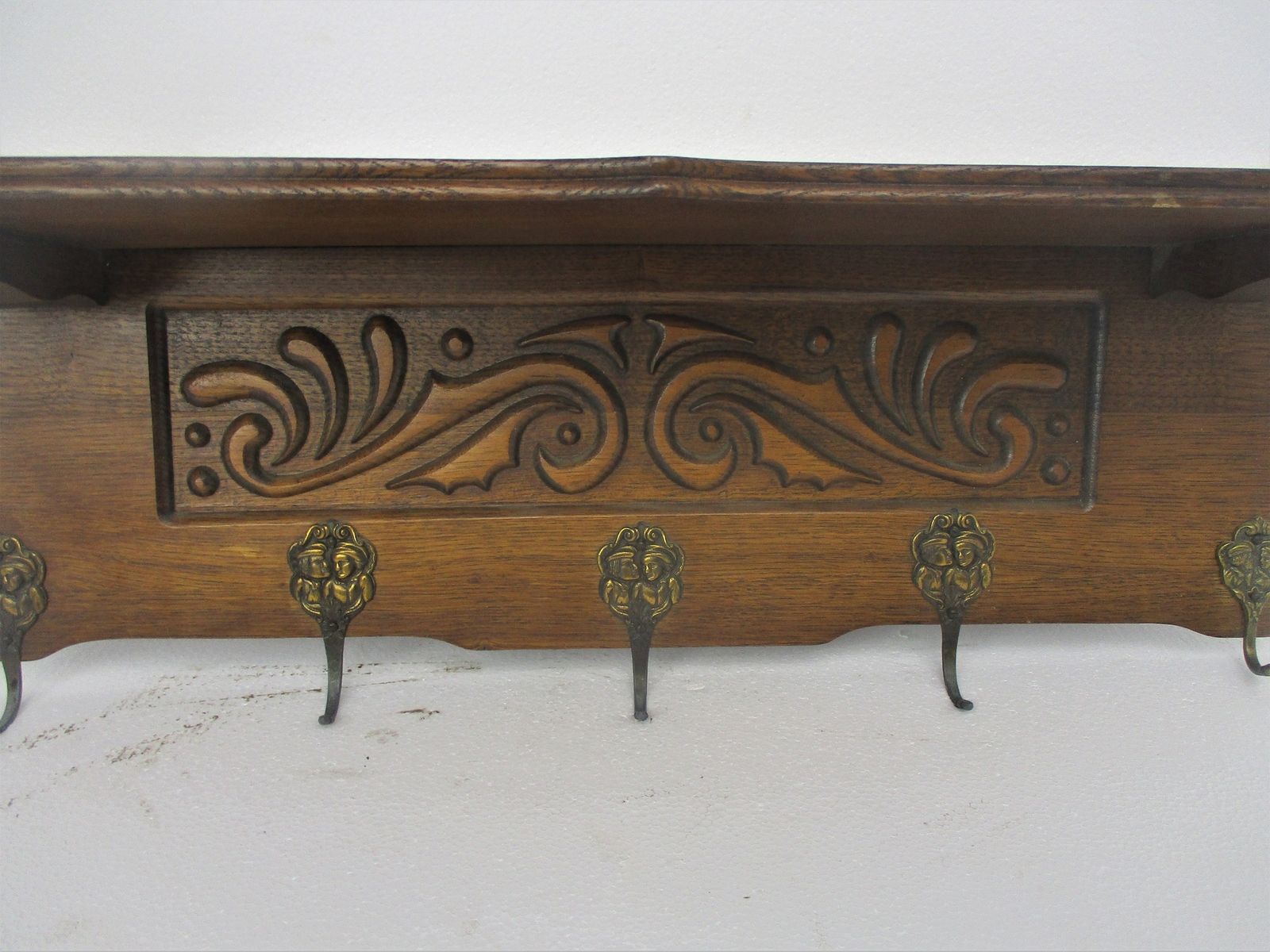 Ornate Hand Carved Wood French Oak Coat Hat Rack Mid Century Modern photo for sale