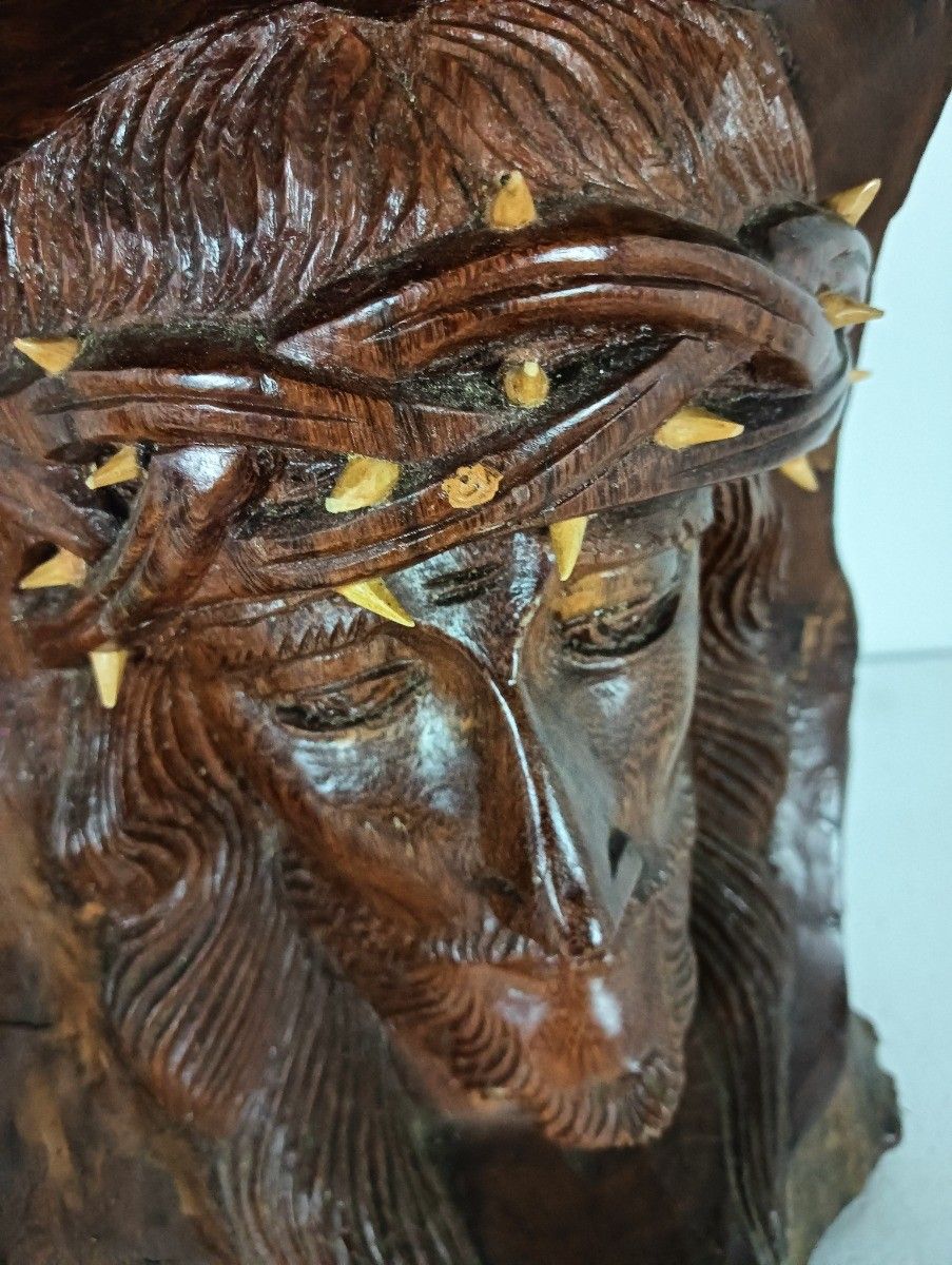 Gorgeous Sculpture Figurine Bust Jesus Christ Head Of Thorns Lackered Wood photo 244.0
