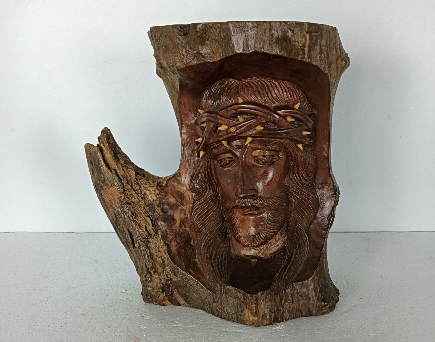 Gorgeous Sculpture Figurine Bust Jesus Christ Head Of Thorns Lackered Wood photo vinterior