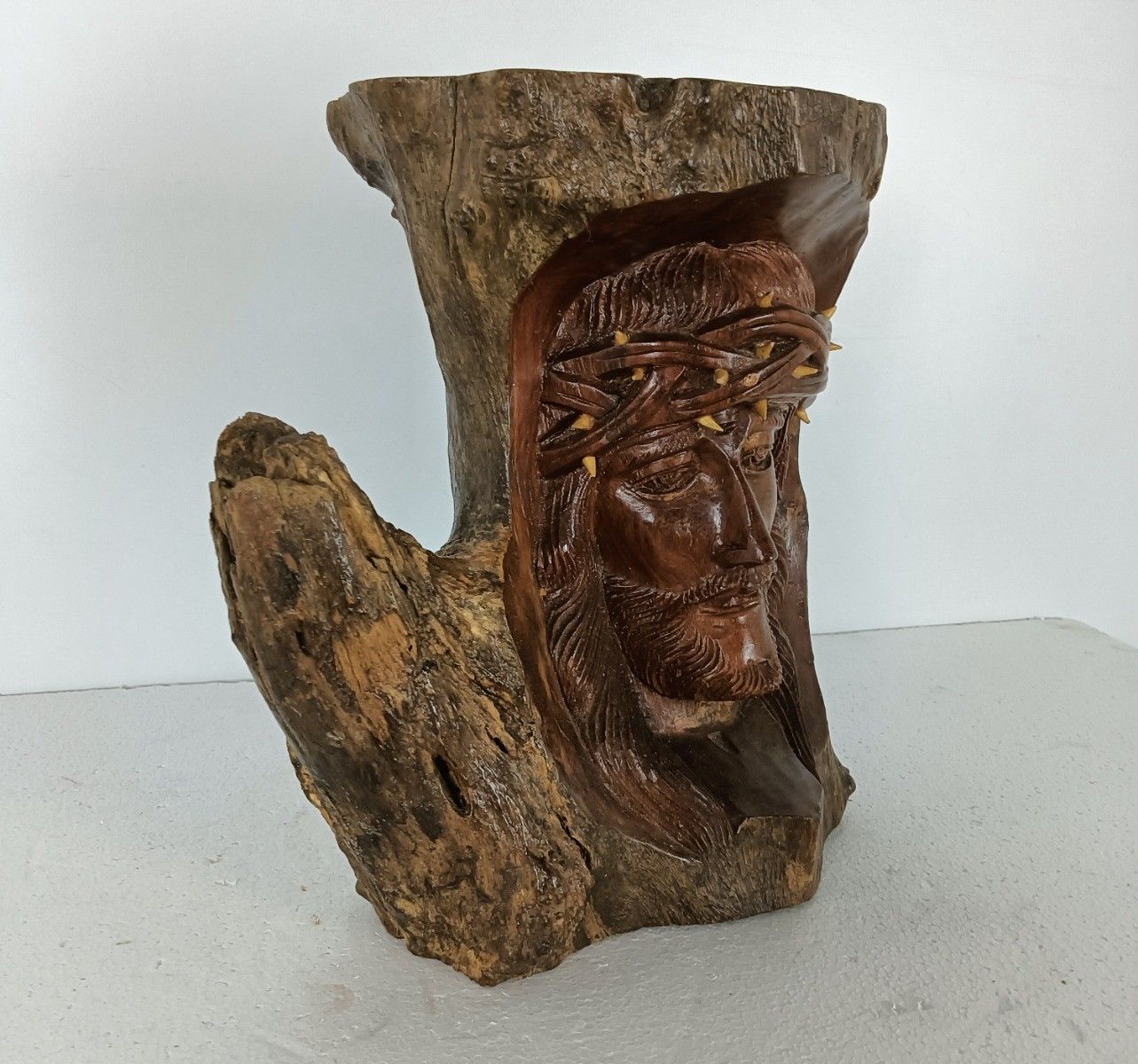 Gorgeous Sculpture Figurine Bust Jesus Christ Head Of Thorns Lackered Wood photo vintage