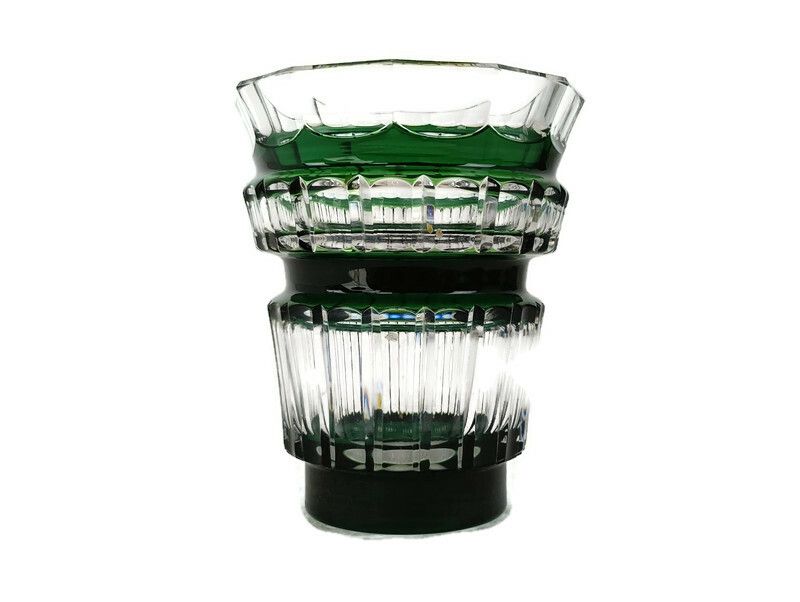 Green Cut To Clear Crystal Vase Val St Lambert Art Glass Etched Marking