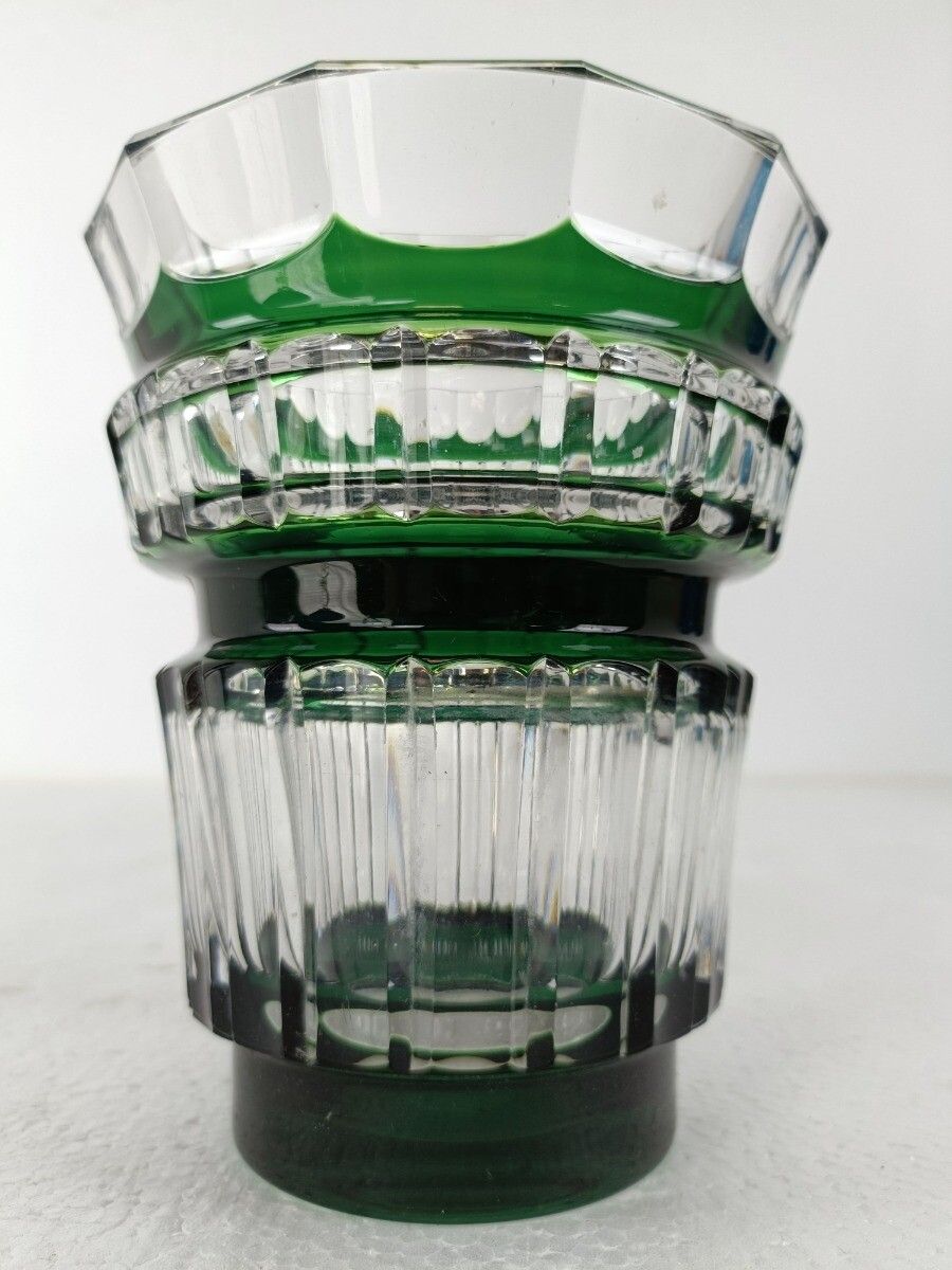Green Cut To Clear Crystal Vase Val St Lambert Art Glass Etched Marking photo buy
