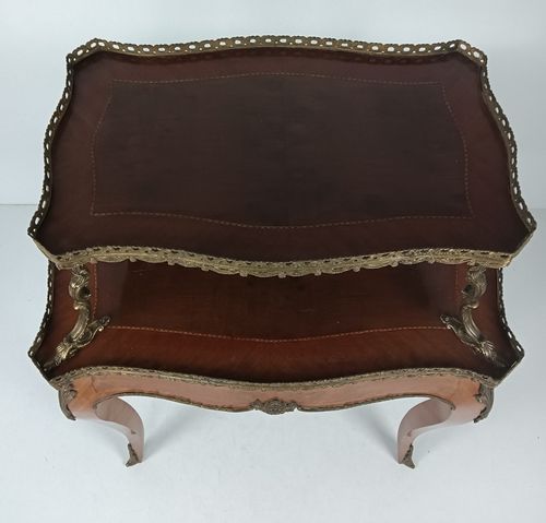 Two Tier Marquetry Table Wood Brass Trims Over Tier Hollywood Regency Wow photo vinterior