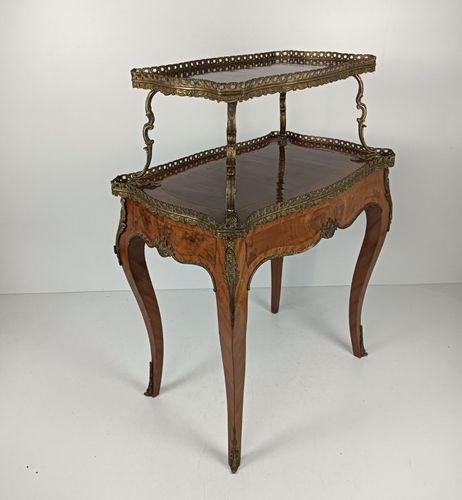 Two Tier Marquetry Table Wood Brass Trims Over Tier Hollywood Regency Wow photo buy