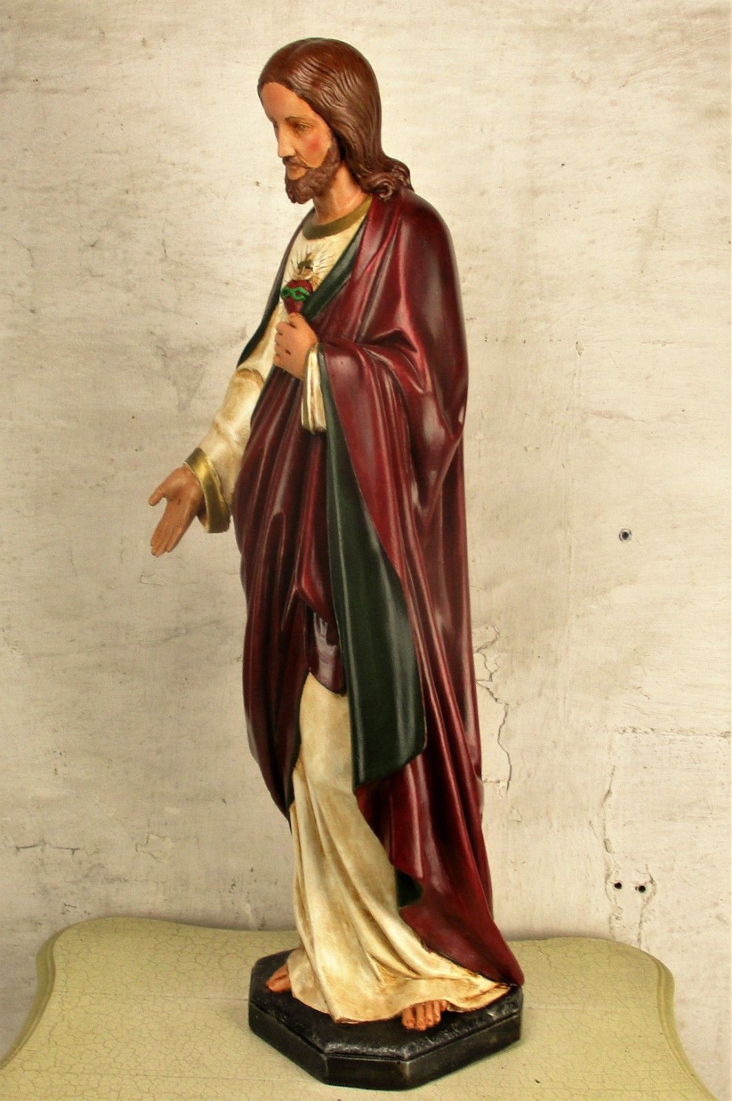 Large Antique 1900 Church Chapel Statue Jesus Christ Sacred Heart Polychrome 33" photo vintage