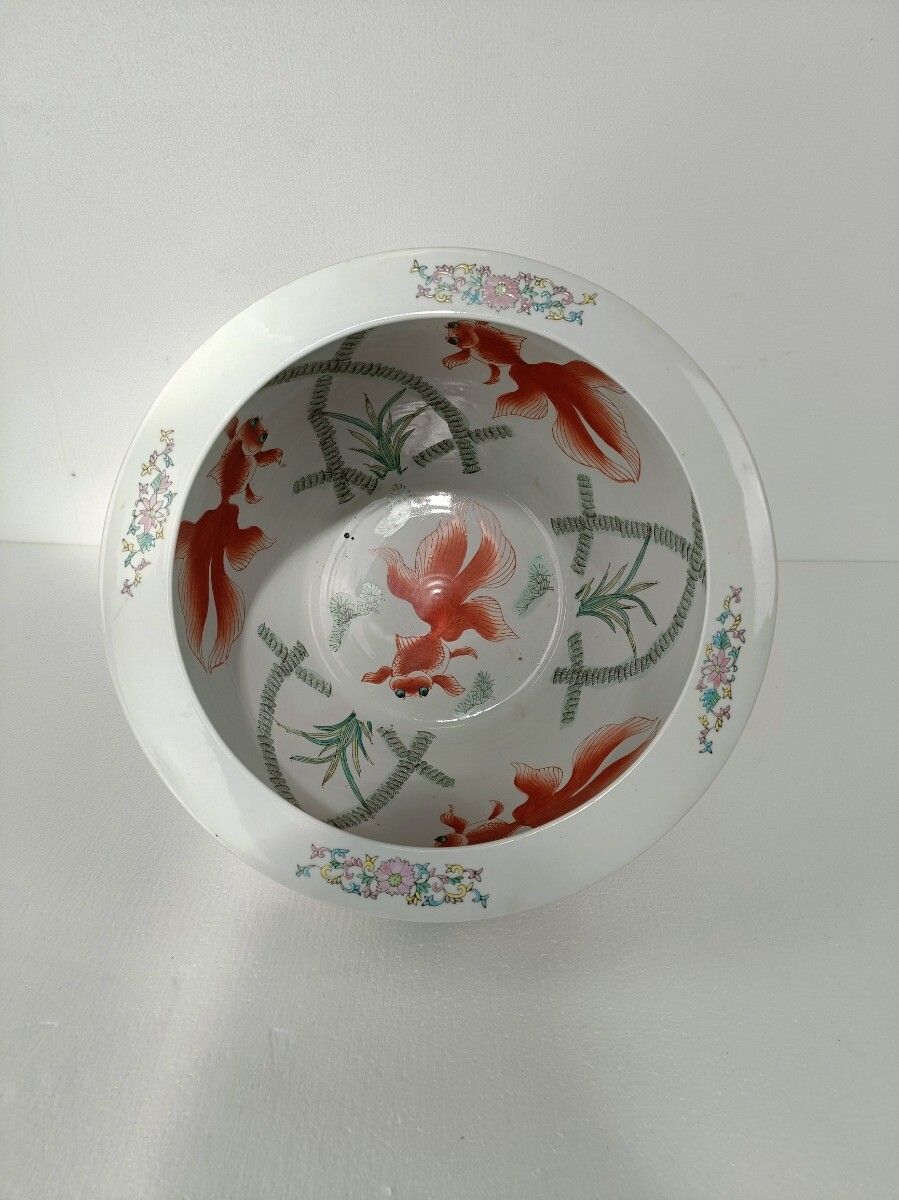 Chinese Porcelain Enamel Koi Fish Bowl Planter Vase Flowers Cachepot 10"  Vintag photo vintage