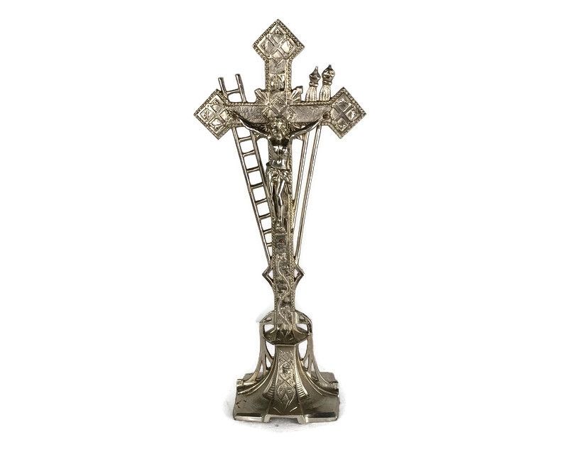 Modernist Standing Crucifix Silver Plated Spelter Tools Of Passion Cross Jesus C