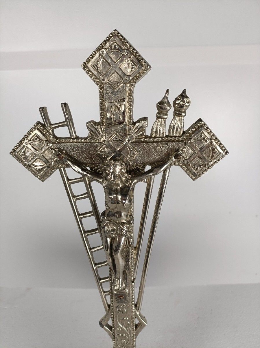 Modernist Standing Crucifix Silver Plated Spelter Tools Of Passion Cross Jesus C photo furniture