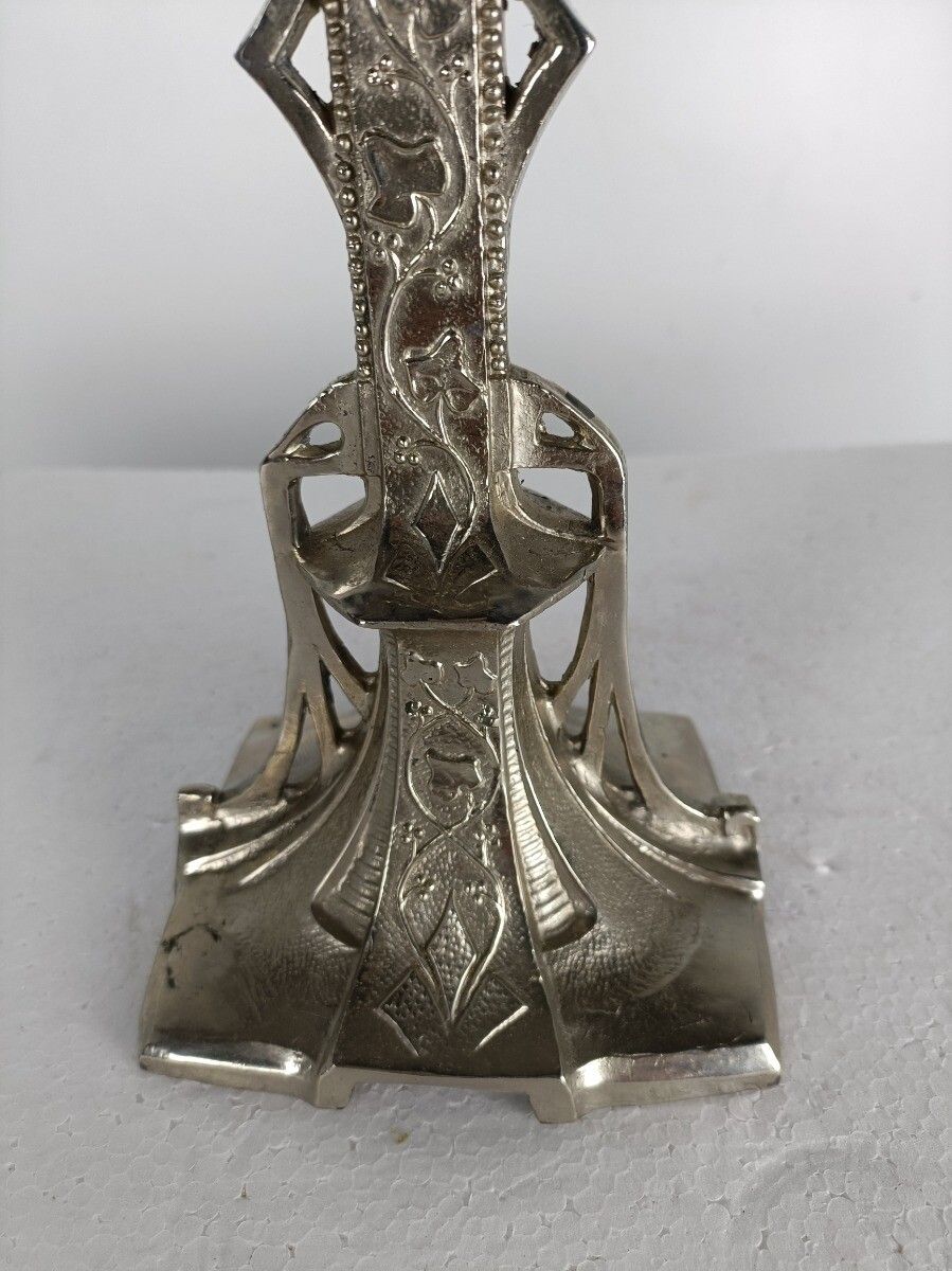 Modernist Standing Crucifix Silver Plated Spelter Tools Of Passion Cross Jesus C photo for sale