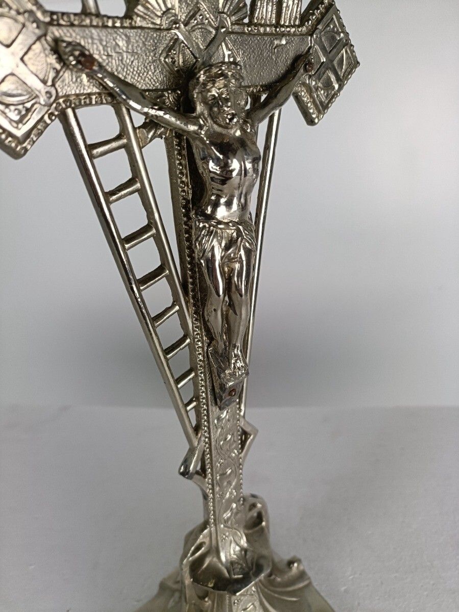 Modernist Standing Crucifix Silver Plated Spelter Tools Of Passion Cross Jesus C photo 142.0