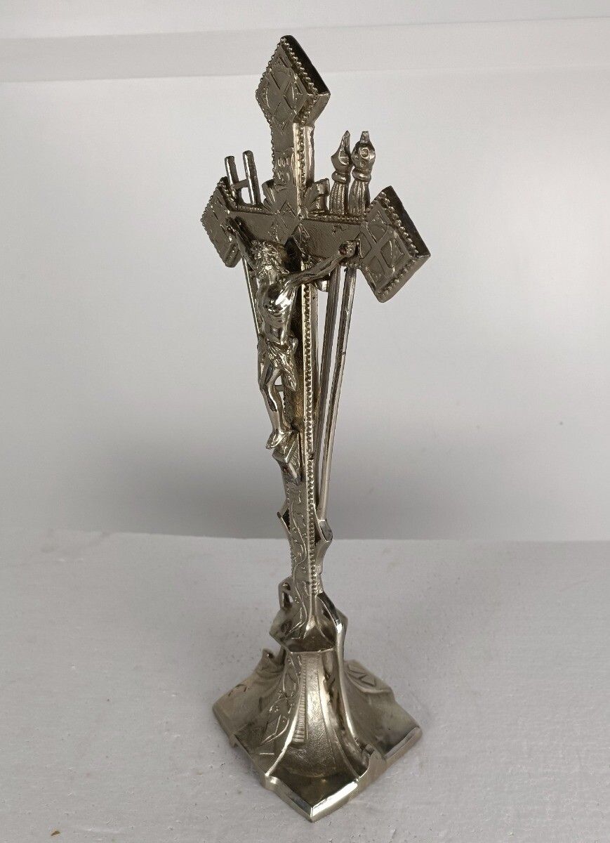 Modernist Standing Crucifix Silver Plated Spelter Tools Of Passion Cross Jesus C photo buy