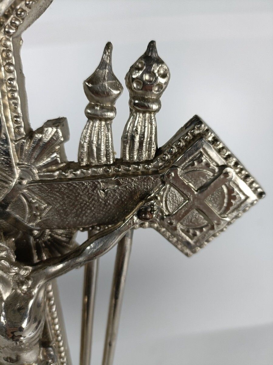 Modernist Standing Crucifix Silver Plated Spelter Tools Of Passion Cross Jesus C photo vintage