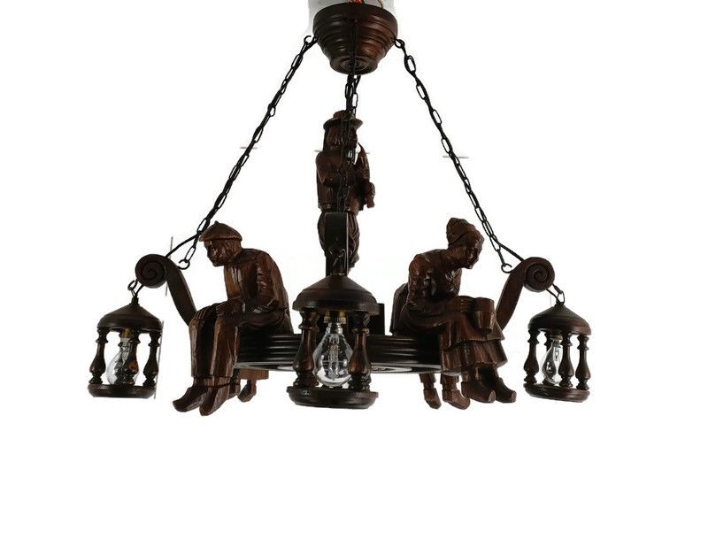 Impressive Hand Carved Wooden Chandelier Breton Signed J C Lordeux France Figuri