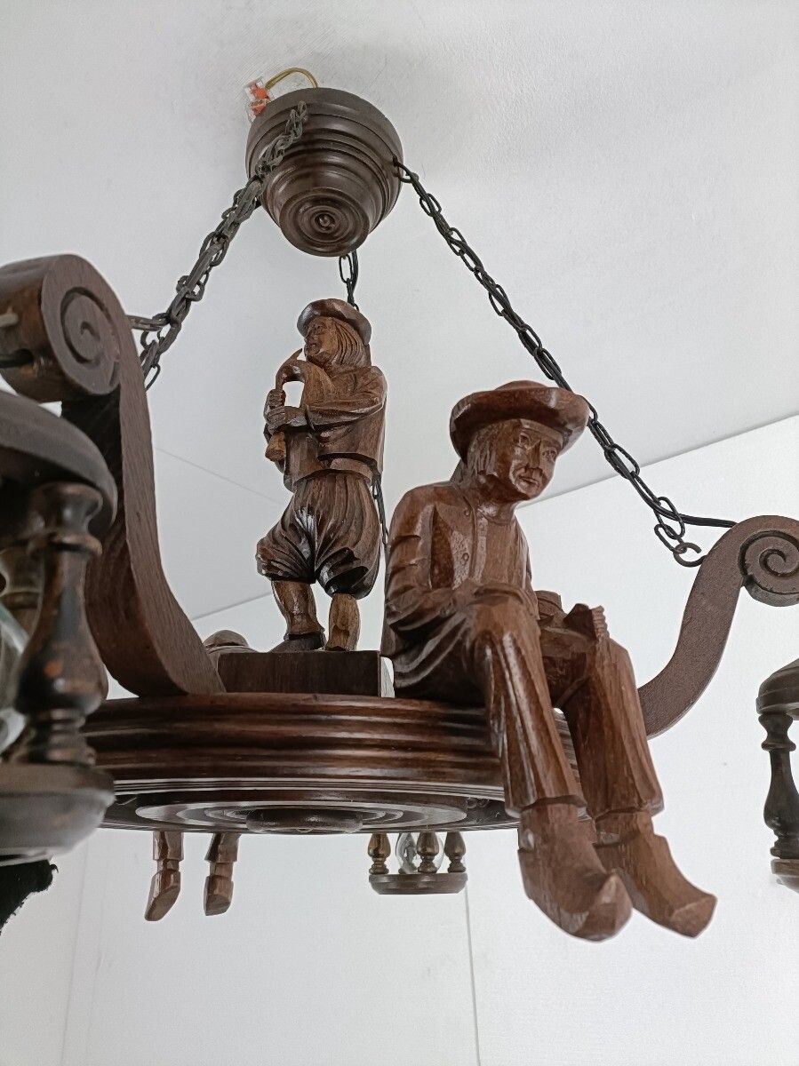 Impressive Hand Carved Wooden Chandelier Breton Signed J C Lordeux France Figuri photo vintage
