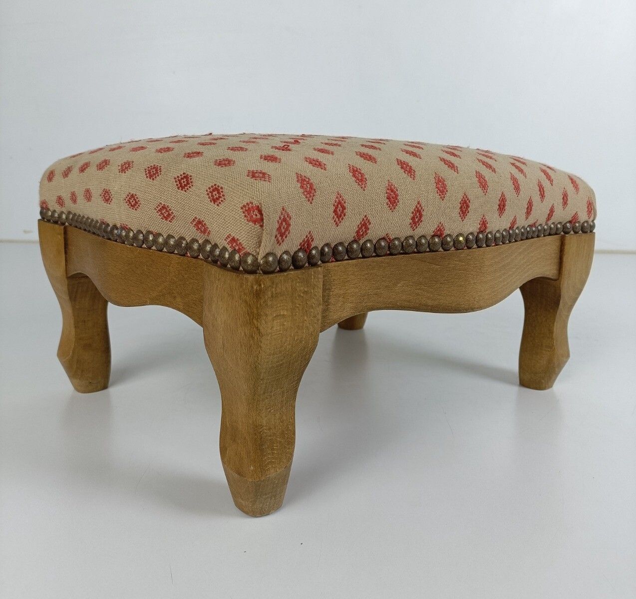 Antique Low Footstool Ottoman French Pink Fabric Louis XV Style Hobnails photo 182.0