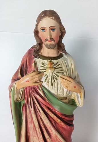 Neo Gothic Plaster Statue Jesus Christ Polychrome Holy Sacred Heart Antique photo 244.0