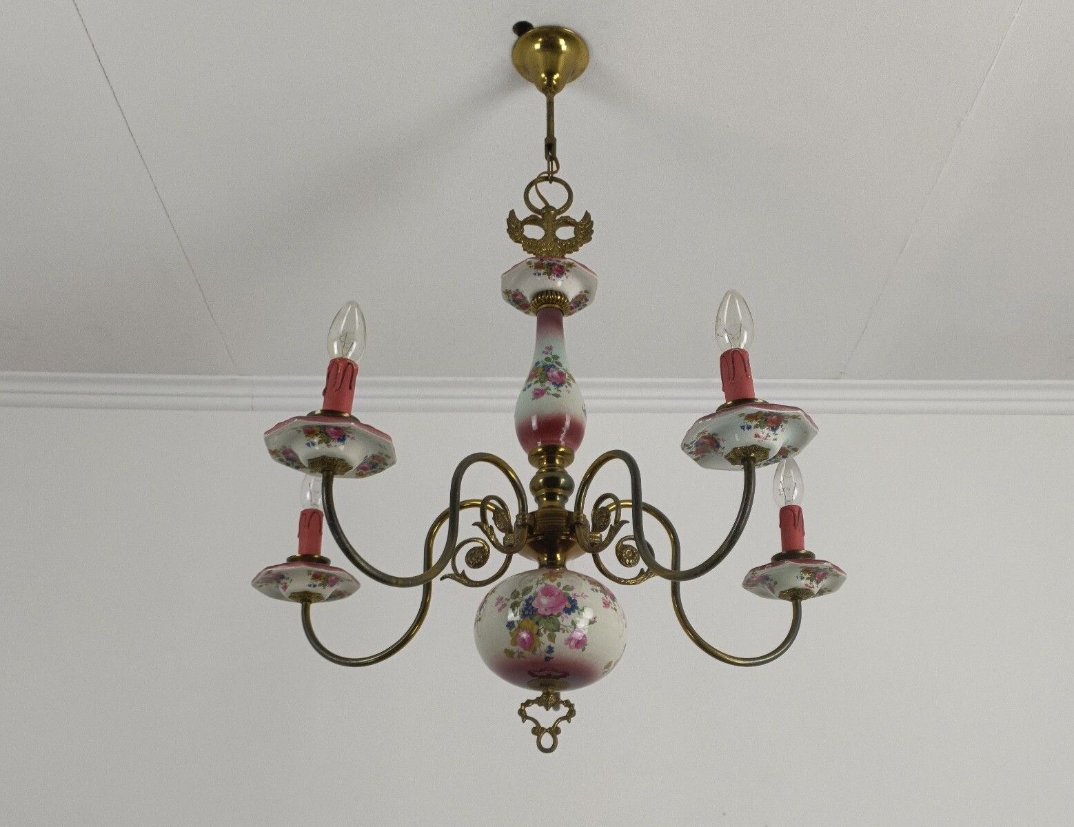 Chandelier 5 Arm Lights Brass Porcelain Flowers Italian Italy Fixture Lamp Vinta photo furniture