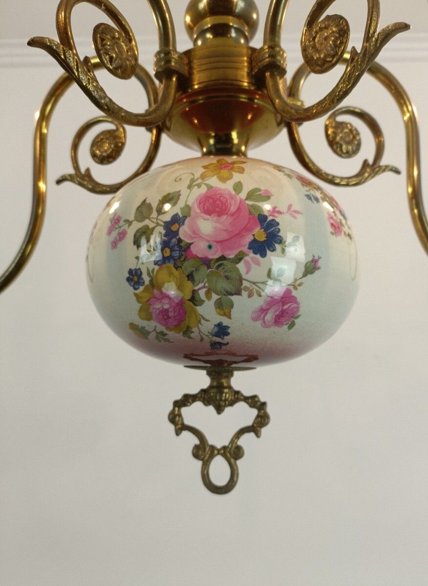 Chandelier 5 Arm Lights Brass Porcelain Flowers Italian Italy Fixture Lamp Vinta photo 323.0