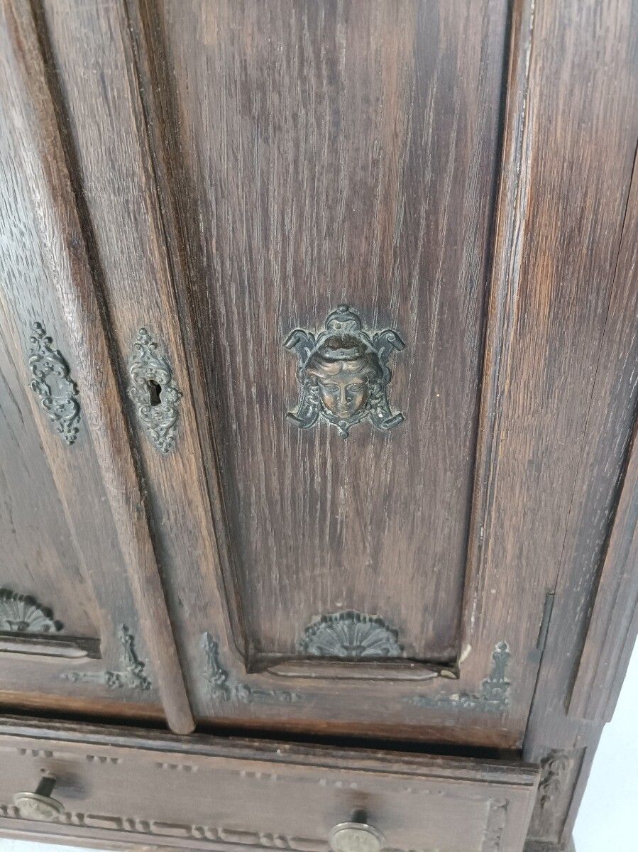 Antique Ornate Hand Carved Wooden Medicine Apothecary Cabinet Brass Trims Angels photo furniture