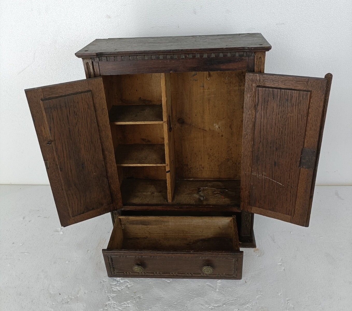 Antique Ornate Hand Carved Wooden Medicine Apothecary Cabinet Brass Trims Angels photo 485.0