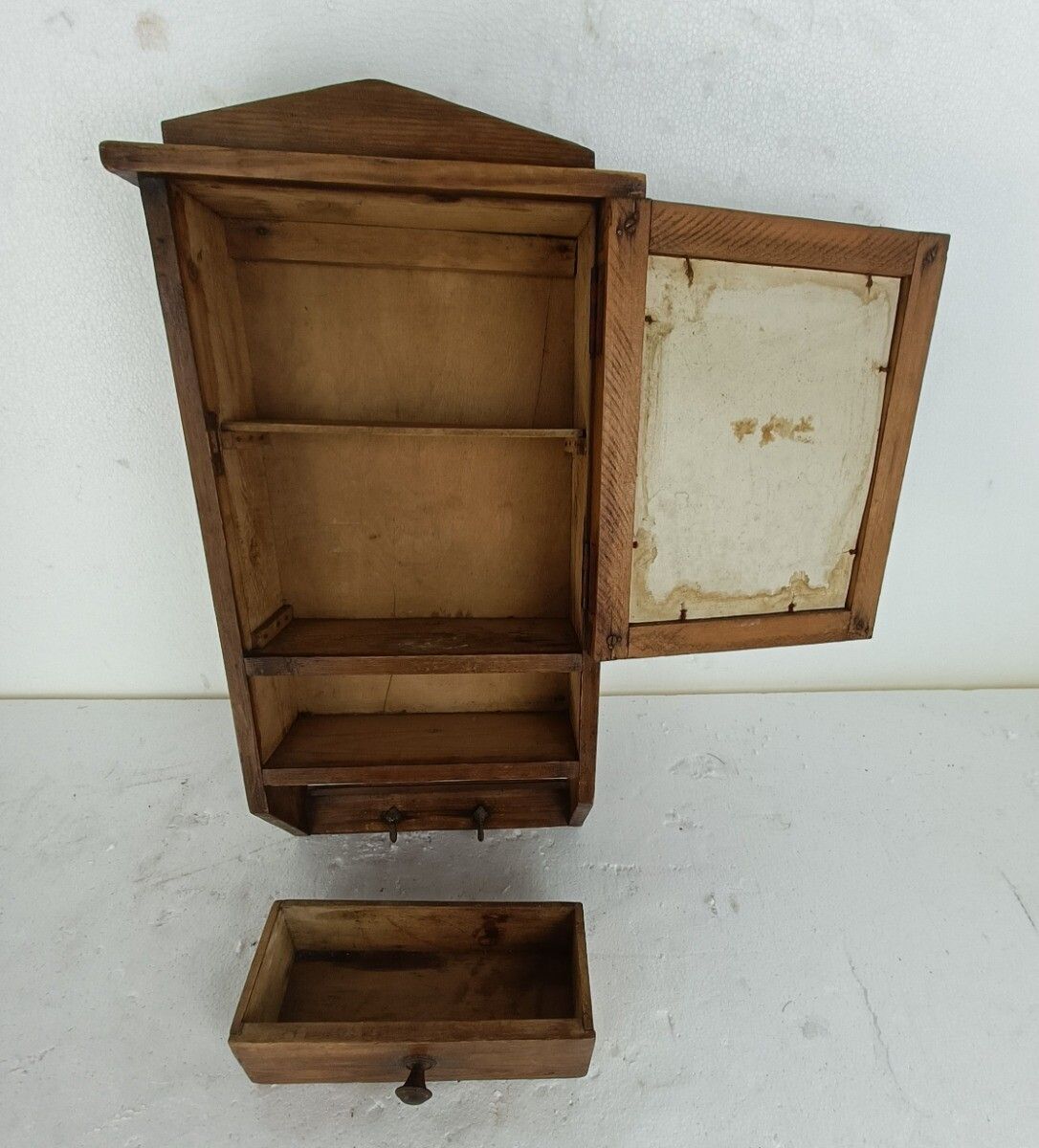 Medicine Cabinet, Apothecary, Pharmacy, Wall Hanging, Carved Wood, Towel Hooks B photo vintage