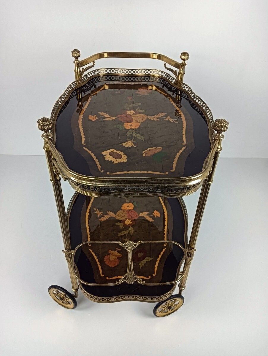 Italian Bar Cocktail Tea Cart Trolley Hollywood Regency Marquetry Inlay Vintage photo Furniture