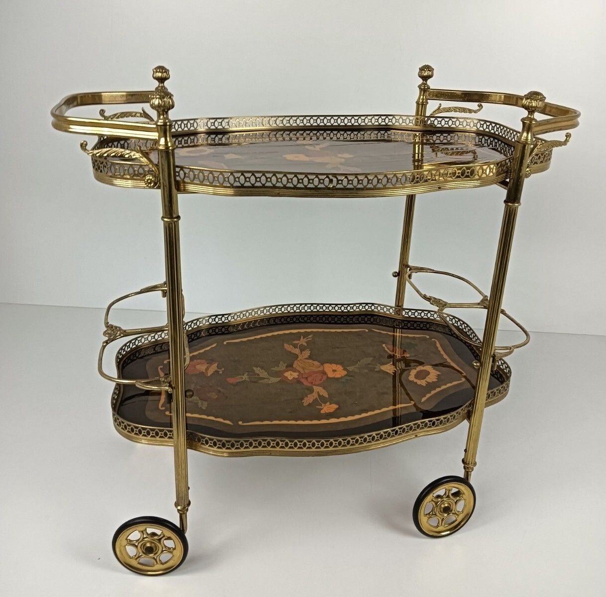 Italian Bar Cocktail Tea Cart Trolley Hollywood Regency Marquetry Inlay Vintage photo 607.0