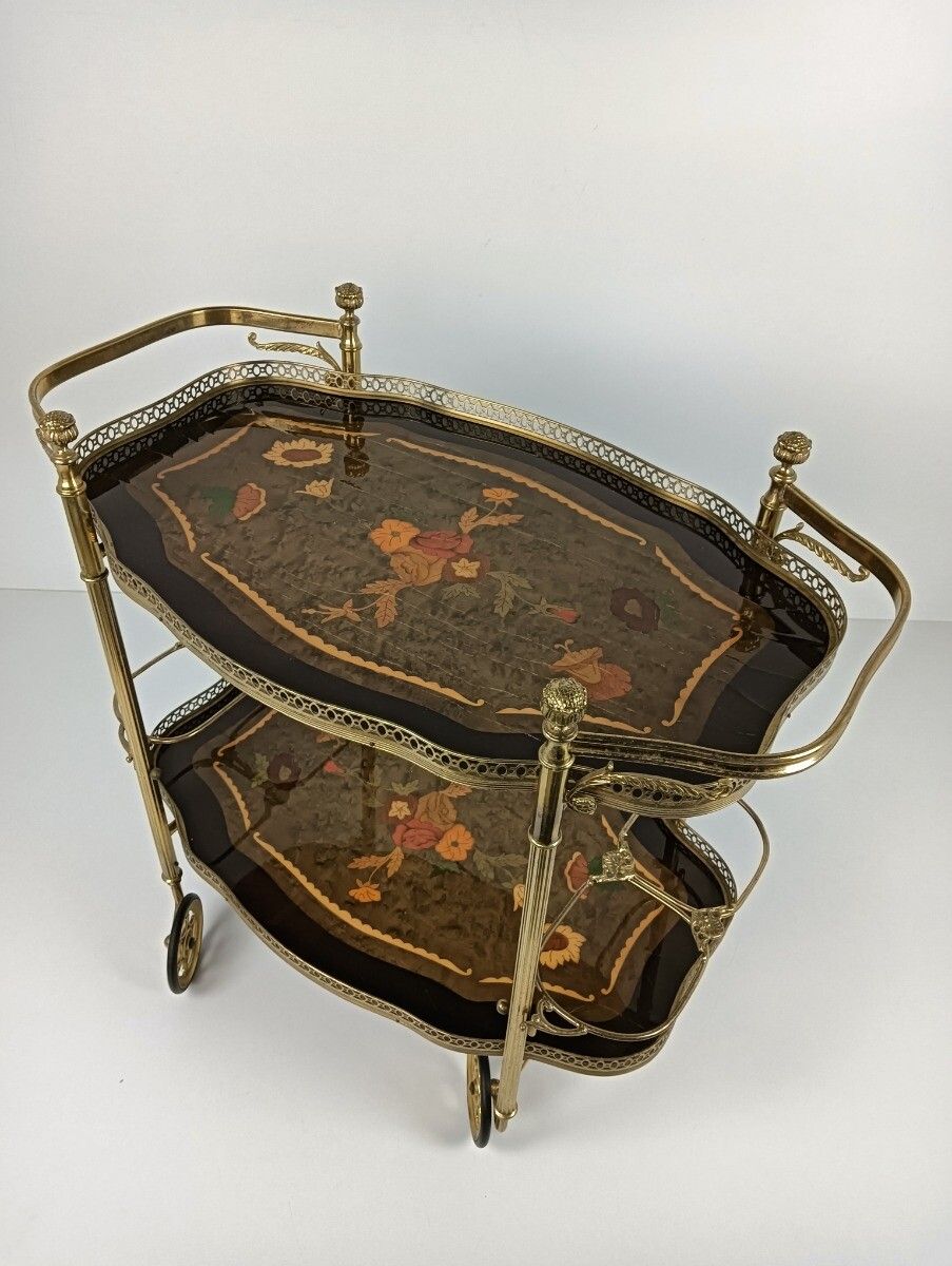 Italian Bar Cocktail Tea Cart Trolley Hollywood Regency Marquetry Inlay Vintage photo buy