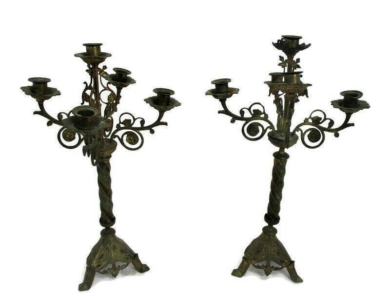 Couple Candle Holders Brass Leafs Ornate Hollywood Regency Style Stylish Candela