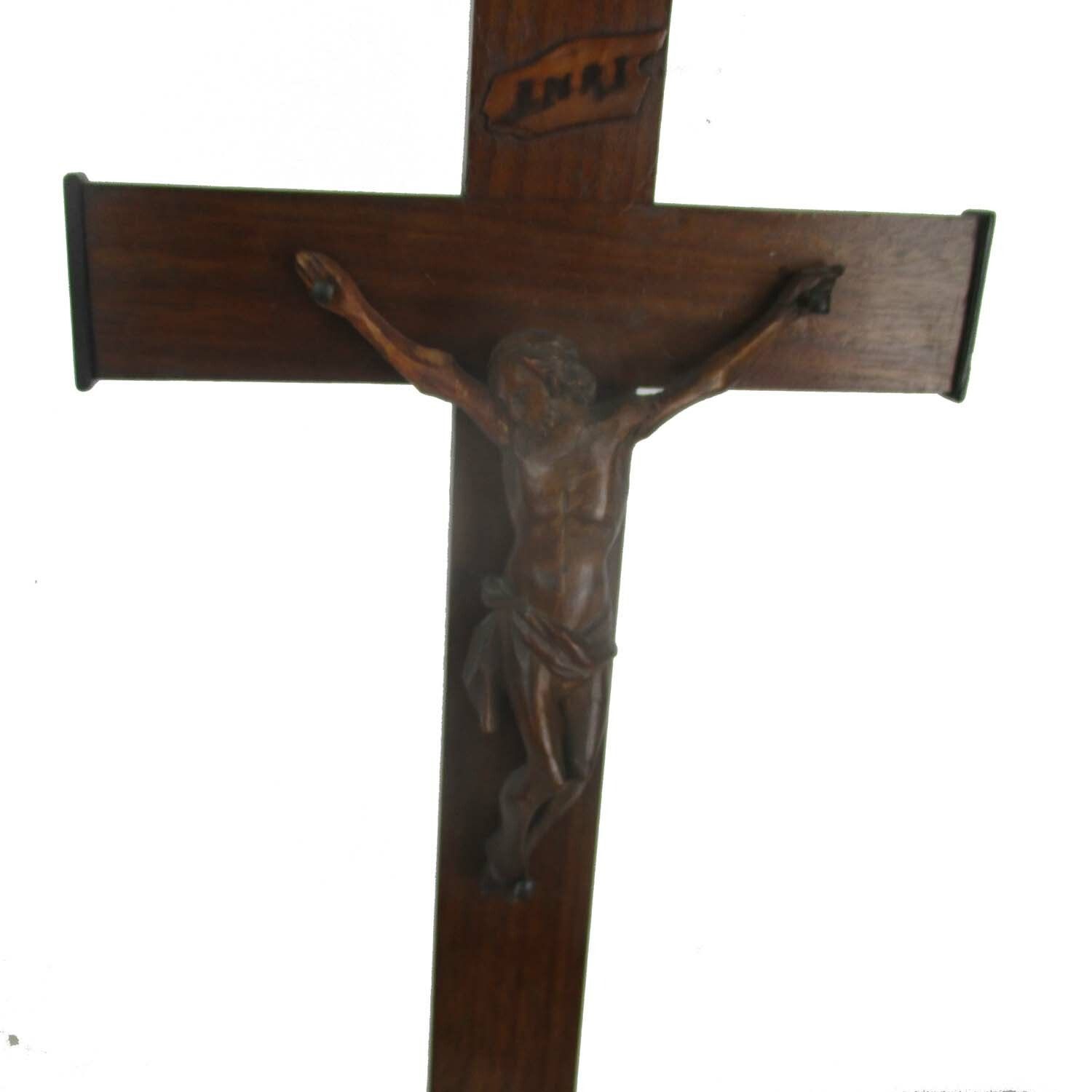 French Antique Standing Crucifix Completely Wooden Corpus Christi Hand Carved photo furniture