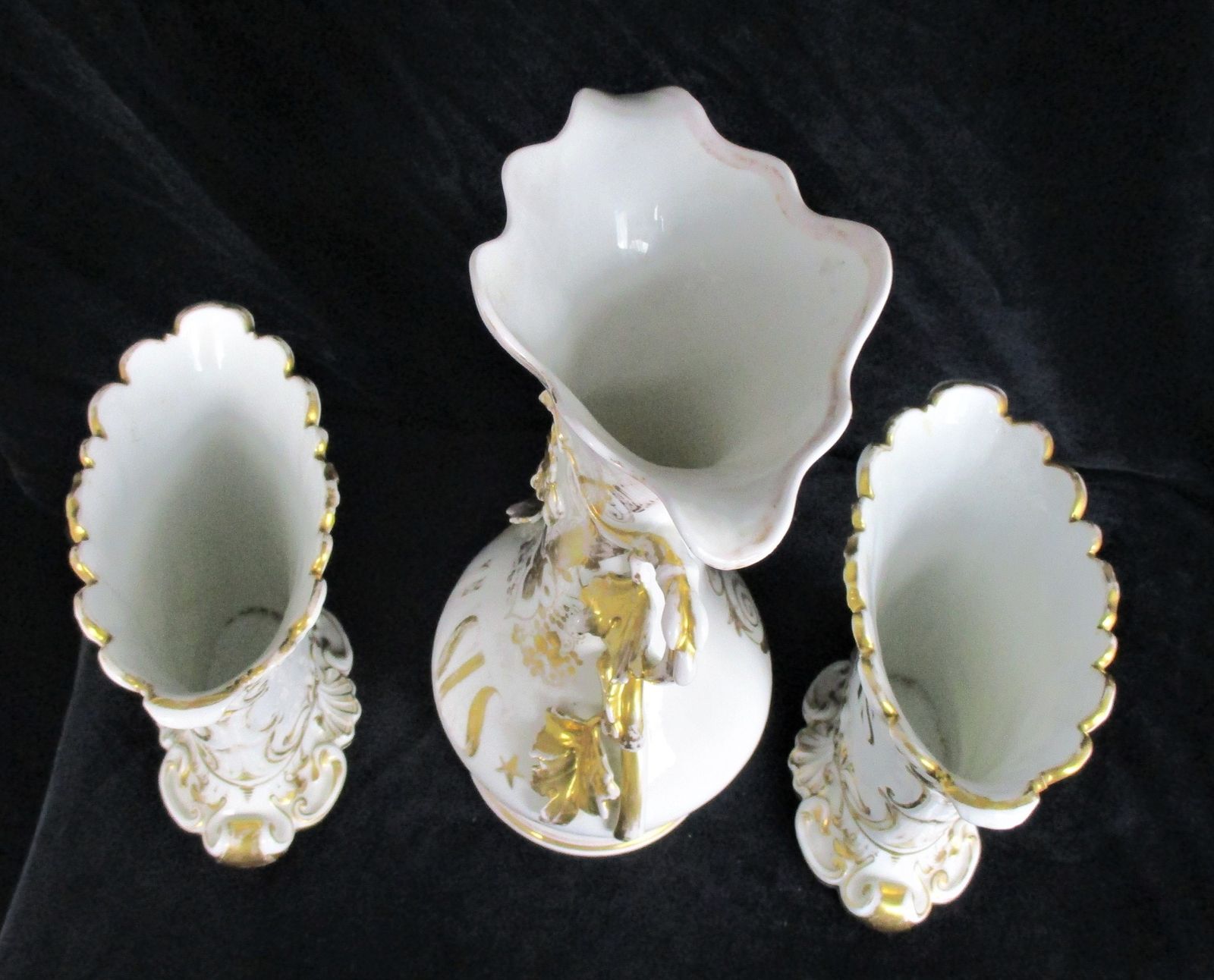 Xl Set Of 3 Antique Porcelain Fan Flair Vases Centerpiece Church Chapel photo buy