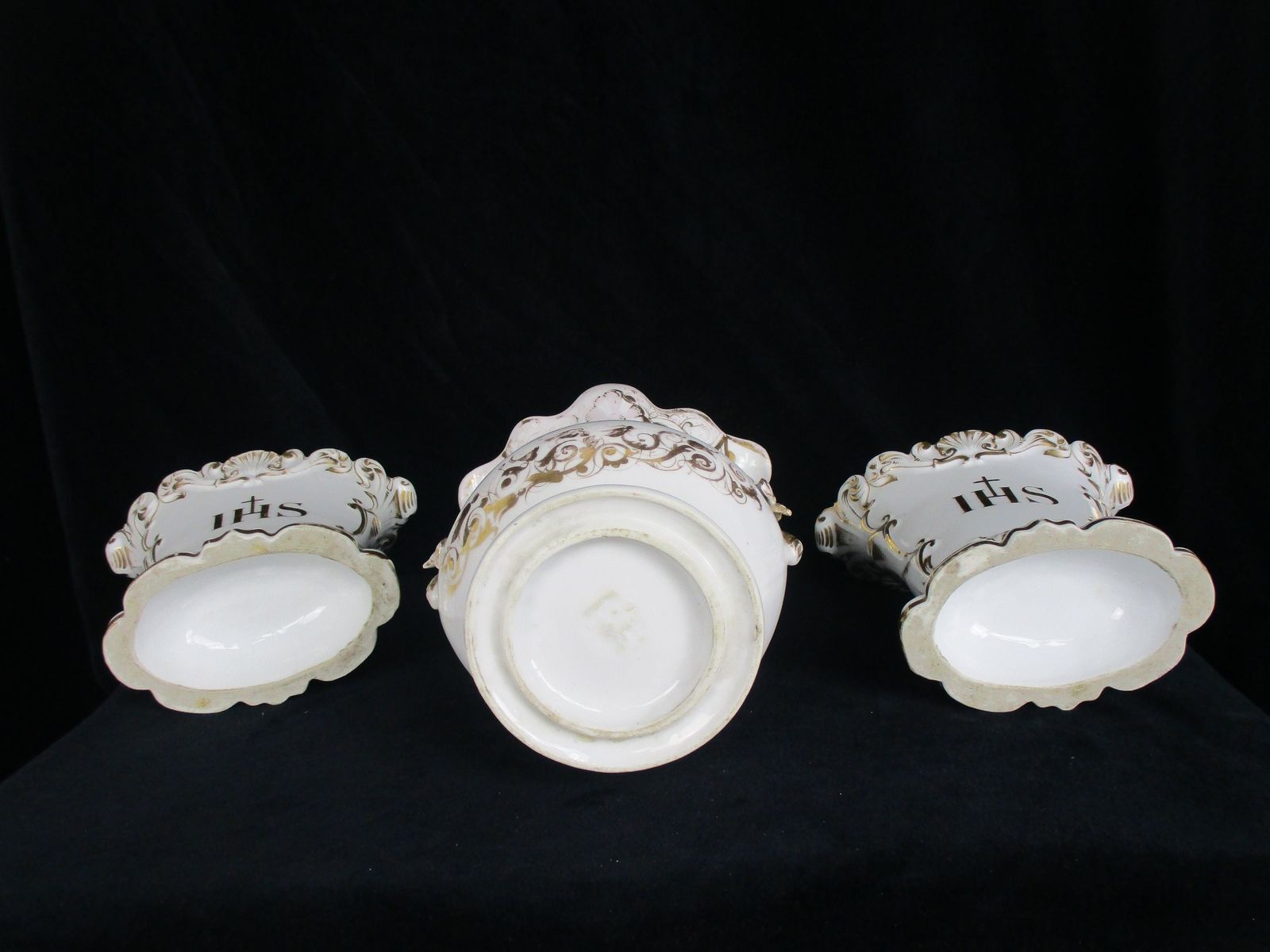 Xl Set Of 3 Antique Porcelain Fan Flair Vases Centerpiece Church Chapel photo vintage