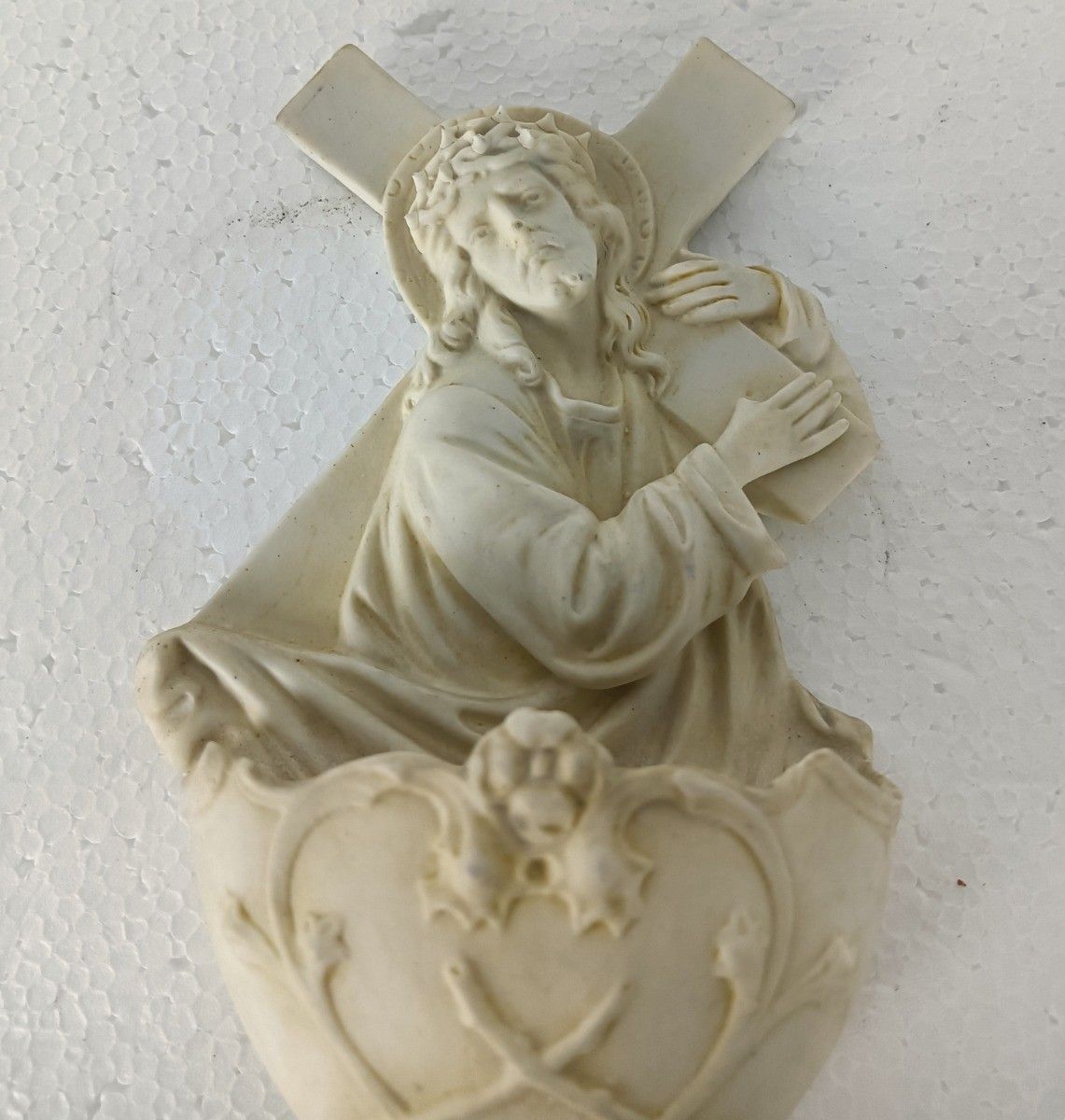 Antique Holy Water Font Vessel  Bisque Porcelain Jesus Christ Carrying Cross Cru photo furniture