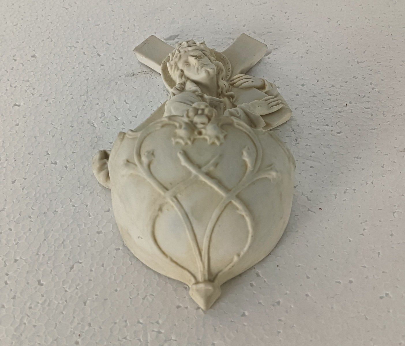 Antique Holy Water Font Vessel  Bisque Porcelain Jesus Christ Carrying Cross Cru photo for sale