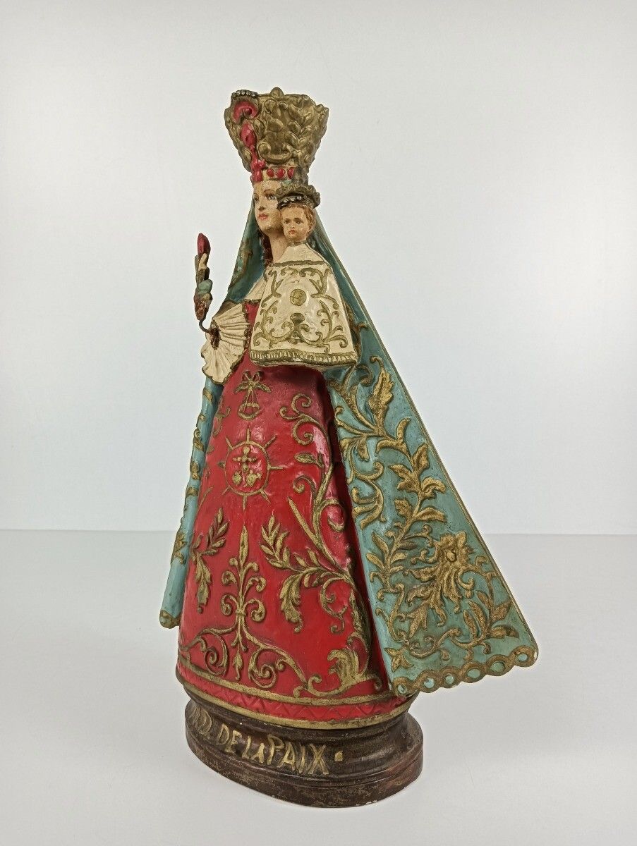 Vintage Statue Figurine Notre Dame De La Paix Plaster Polychrome Collector Very photo for sale
