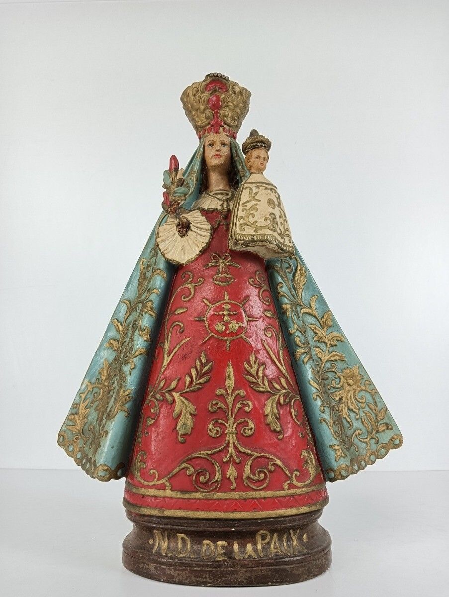 photo furniture Vintage Statue Figurine Notre Dame De La Paix Plaster Polychrome Collector Very