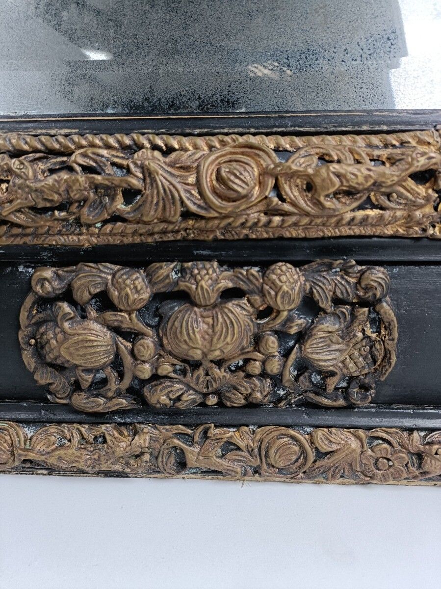 Large French Mirror Brass Ornate Trims Flowers Animals Wooden Frame 1700s Antiqu photo vintage