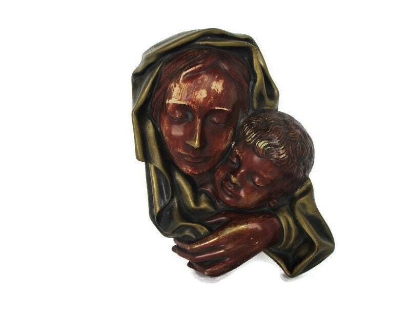 Wall Plaque Virgin Mary Madonna Holy Mother Infant Jesus Polychrome Terra Cotta