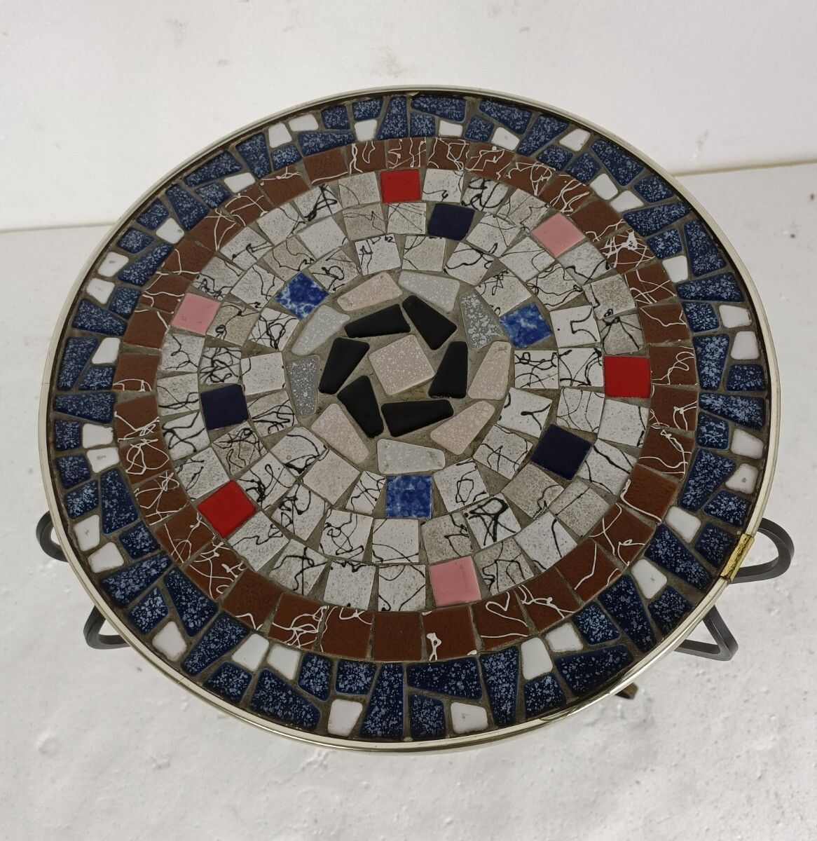 Side Round Table Plant Stand Ceramic Tiles  Mosaic Wrought Iron Legs Lovely Vint photo for sale