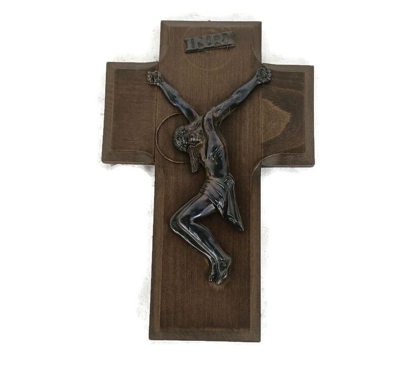 Hanging Crucifix Cross Carved Wood  Modernist Faux Brass Corpus Christi Christia