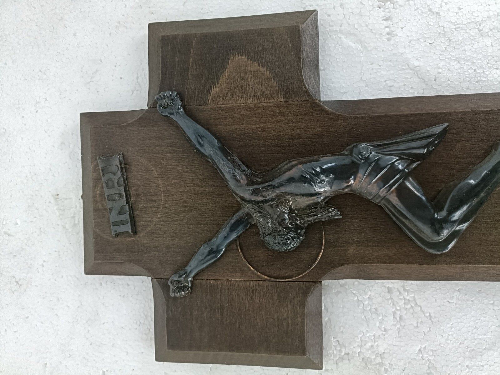 Hanging Crucifix Cross Carved Wood  Modernist Faux Brass Corpus Christi Christia photo 58.0