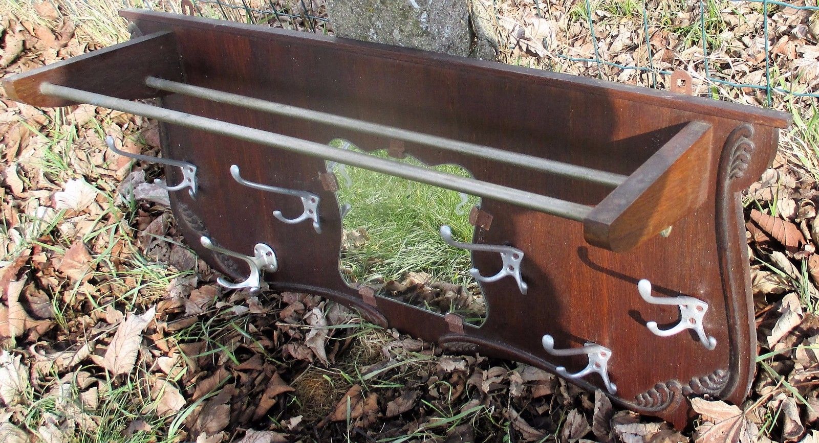 Vintage Brown Carved Wood Mid Century Chrome Mirror Coat Hat Rack 1950's photo furniture