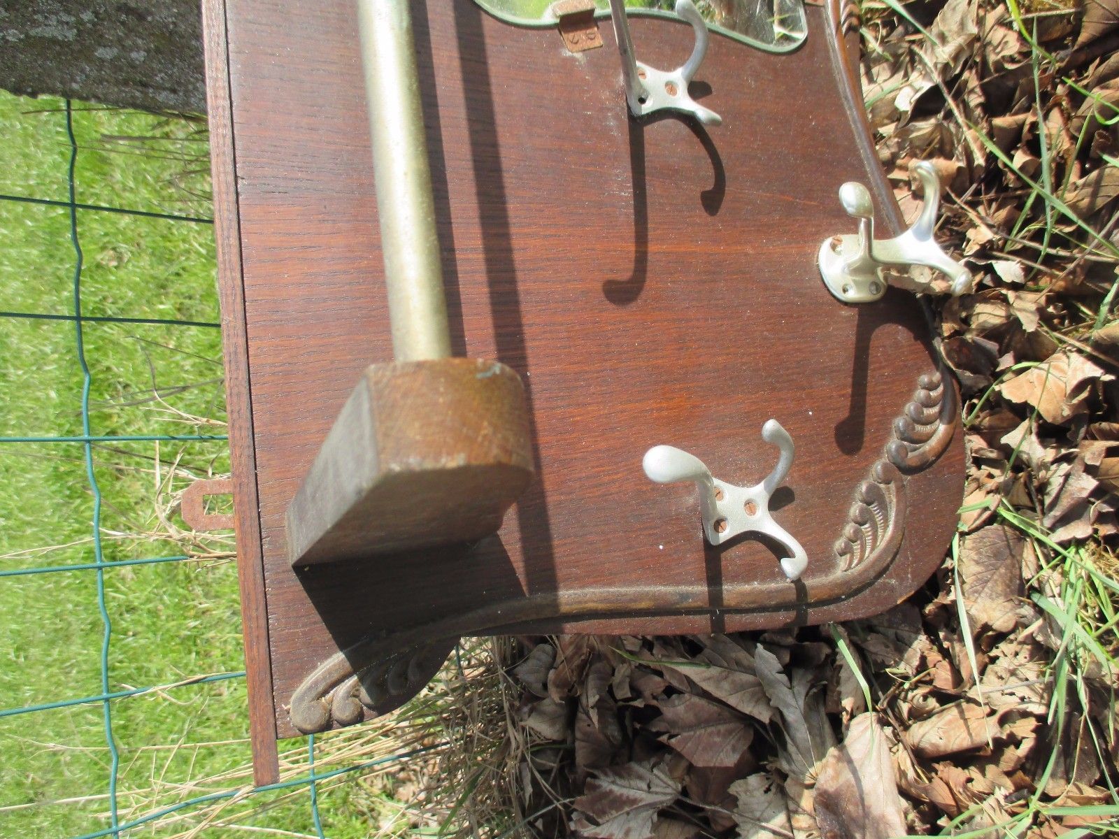 Vintage Brown Carved Wood Mid Century Chrome Mirror Coat Hat Rack 1950's photo buy