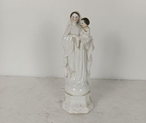 Antique 1900 Vieux Paris Porcelain Bisque Statue Virgin Mary Madonna With Infant