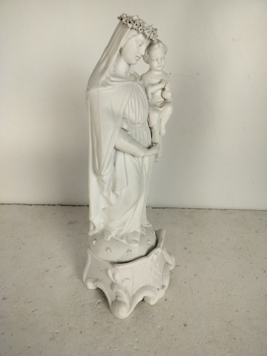 Antique Bisque Porcelain Statue Figurine Virgin Mary Madonna Infant Jesus Flower photo 291.0