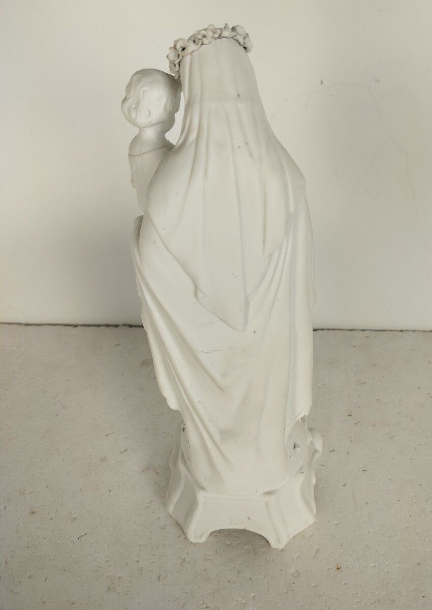 Antique Bisque Porcelain Statue Figurine Virgin Mary Madonna Infant Jesus Flower photo vinterior